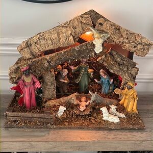 Vintage Italian Lighted Nativity Set 13 Figures Wood Stable Manger Made Italy